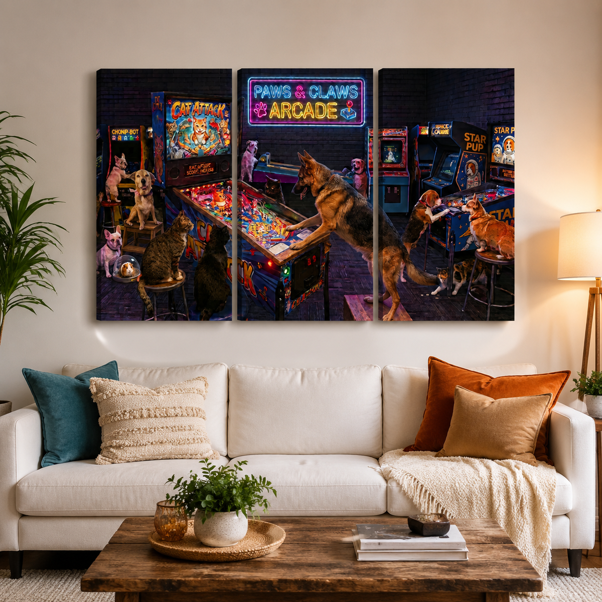 A three-panel canvas wall art set depicting dogs playing arcade games in a pub, displayed above a white sofa in a modern living room setting.