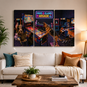 A three-panel canvas wall art set depicting dogs playing arcade games in a pub, displayed above a white sofa in a modern living room setting.