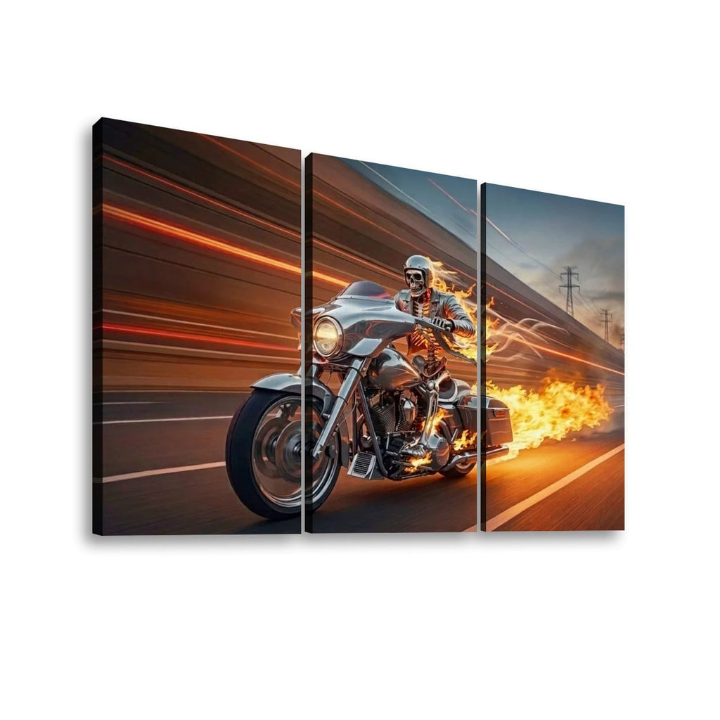 Chrome Dome Skeleton Fire Bagger Motorcycle Split Canvas Panel Wall Art | 1, 3, 5 Panel