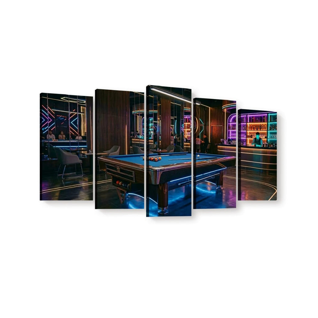 Billiards Pool Lounge Neon Lights Bar — 1, 3, 5-Panel Level Canvas Wall Art