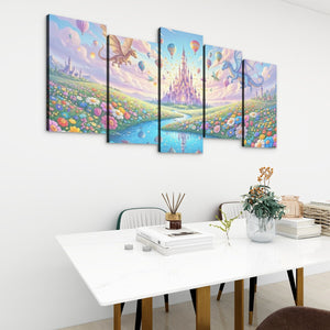 A 4-panel canvas wall art set depicting a whimsical pastel landscape with a castle, hot air balloons, and colorful fields, displayed on a white wall above a dining table in a modern room setting.
