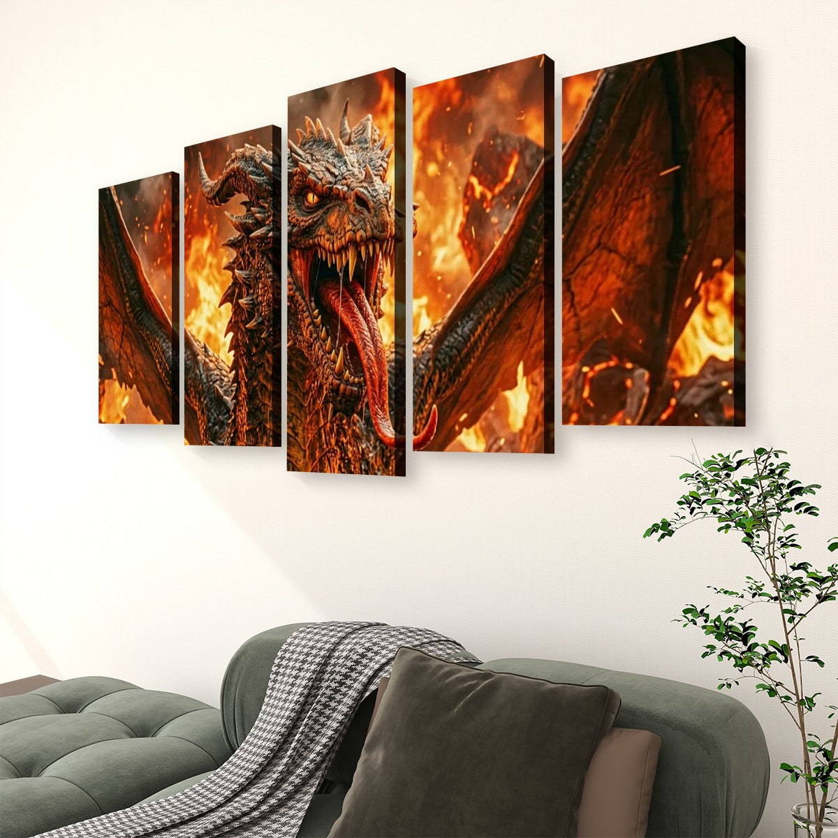 A 5-panel canvas wall art set depicting a fiery dragon in action, displayed on a white wall above a green sofa in a living room setting.