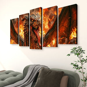 A 5-panel canvas wall art set depicting a fiery dragon in action, displayed on a white wall above a green sofa in a living room setting.