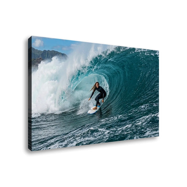 A rectangular wall art print or canvas showing a surfer riding inside a large curling ocean wave, photographed against a plain white background.
