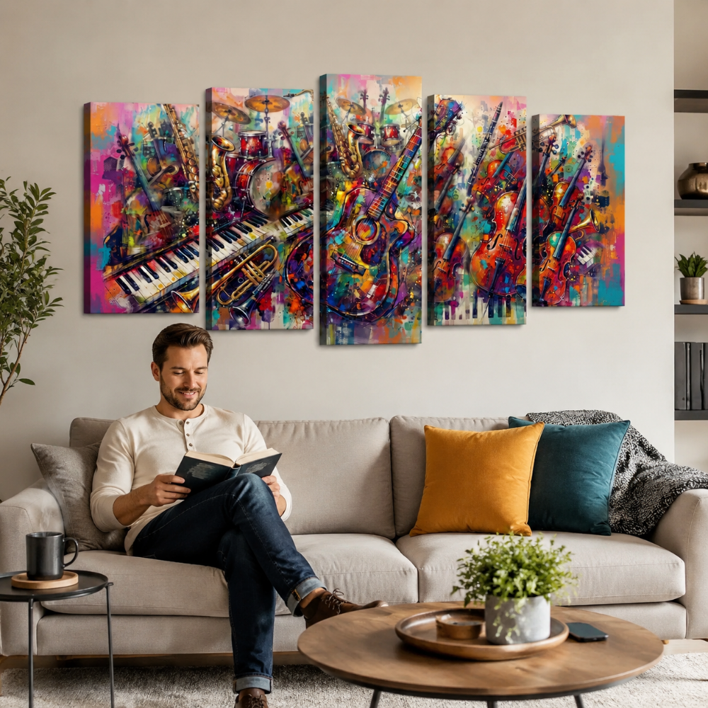 A man sits on a beige sofa in a living room, reading a book. Above him hangs a five-panel canvas wall art set depicting a colorful, abstract musical scene with guitars, pianos, and drums.