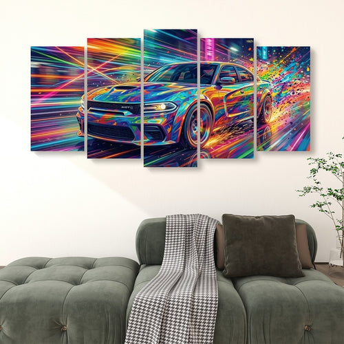 A 5-panel canvas wall art set depicting a colorful, neon-lit sports car, displayed on a white wall above a green tufted sofa in a modern living room setting.
