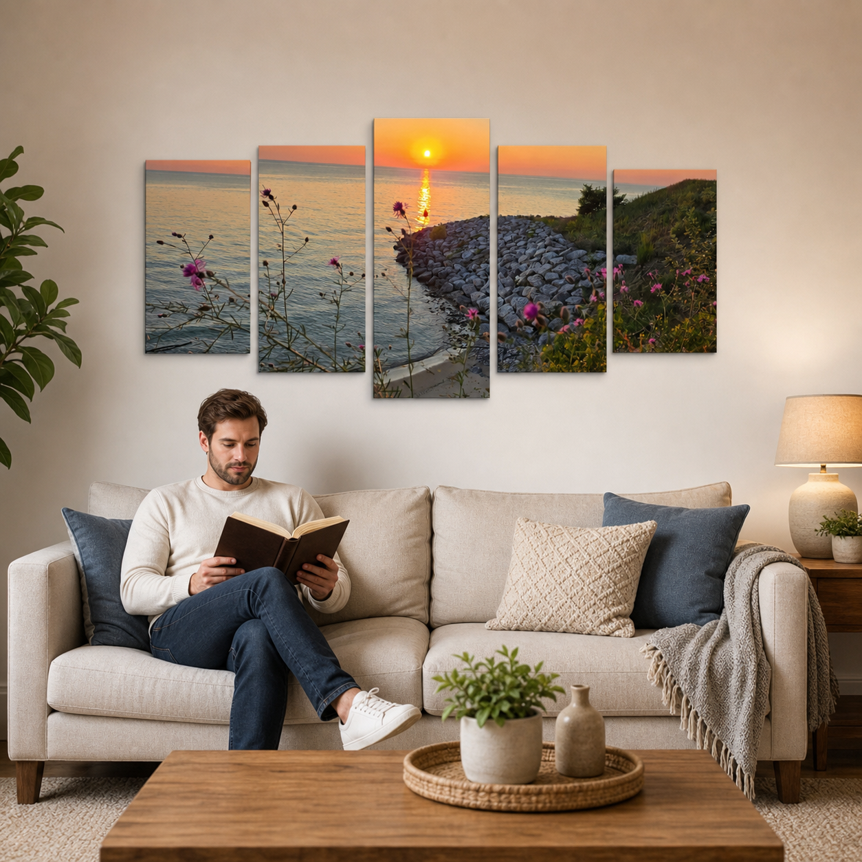 Lake Michigan Sunset Canvas Wall Art – Looking Over a Bluff | 1, 3 & 5 Panel Coastal Landscape Print