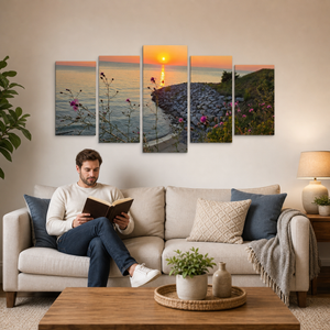 Lake Michigan Sunset Canvas Wall Art – Looking Over a Bluff | 1, 3 & 5 Panel Coastal Landscape Print