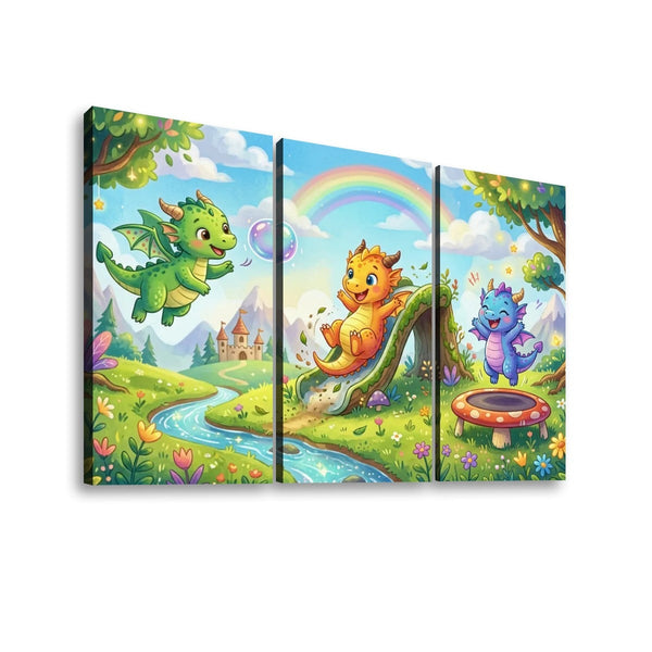 Playful Dragons Canvas Wall Art – Kids Fantasy Print | 1, 3 & 5 Panel Bedroom & Playroom Décor