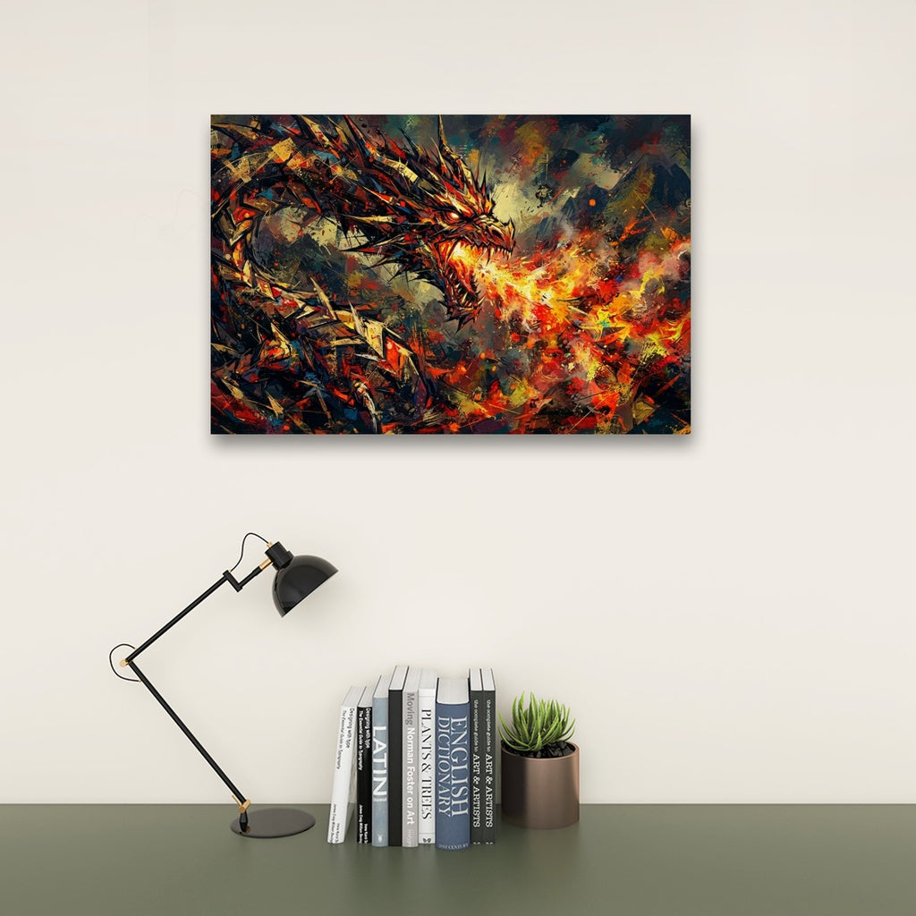 A rectangular wall art print showing a dramatic fiery dragon scene, displayed above a desk with a black lamp, books, and a small potted succulent against a light wall.