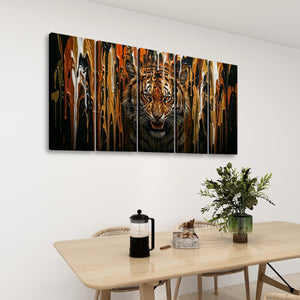 Unleashed – Tiger Bursting Through Dripping Paint 5-Panel Canvas Wall Art