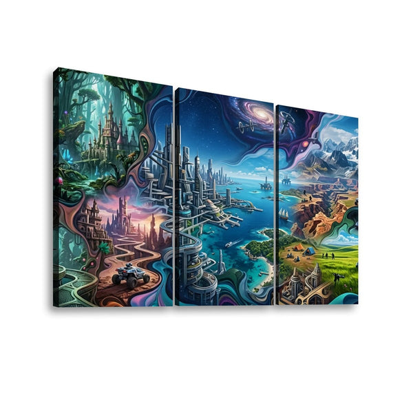 A three-panel canvas wall art set displaying a vibrant, surreal fantasy landscape with futuristic cities, glowing stars, waterways, and colorful terrain in shades of blue, green, purple, and orange.