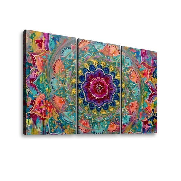 A three-panel canvas wall art set featuring a colorful abstract mandala design with a central floral motif in shades of blue, purple, pink, orange, and green on a white background.