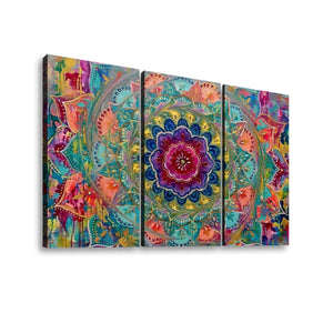 A three-panel canvas wall art set featuring a colorful abstract mandala design with a central floral motif in shades of blue, purple, pink, orange, and green on a white background.