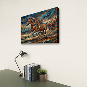 A rectangular canvas wall art print showing two galloping horses in a vivid abstract painting, displayed on a light beige wall above a desk with books, a lamp, and a small plant.