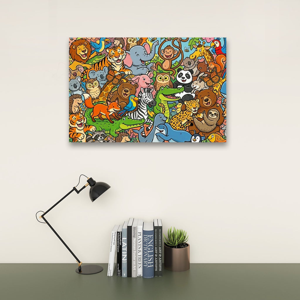 A colorful canvas wall art print featuring a dense cartoon illustration of various animals, displayed on a beige wall above a dark green table with a black desk lamp, books, and a small potted succulent.