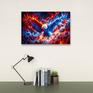A rectangular wall art print showing a dramatic eagle with wings rendered in vivid blue and red fiery patterns, displayed above a desk with a black lamp, books, and a small potted succulent against a light wall.