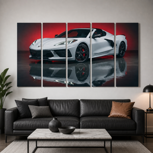 A five-panel canvas wall art set depicting a white sports car with red lighting and reflection, displayed above a black leather sofa in a modern living room setting.