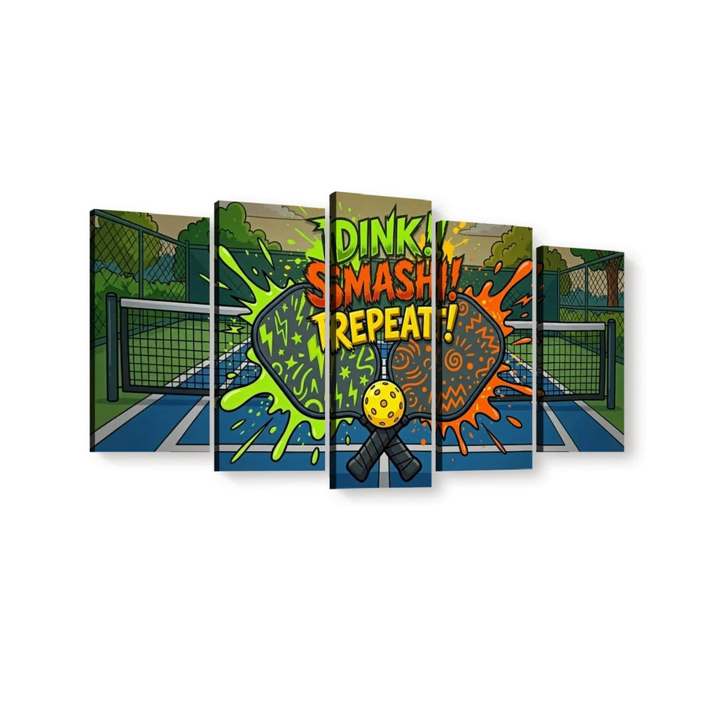 A 5-panel canvas wall art print depicting a cartoon ping-pong scene with the text 'DINK SMASH REPEAT!' in colorful lettering, shown against a plain white background.
