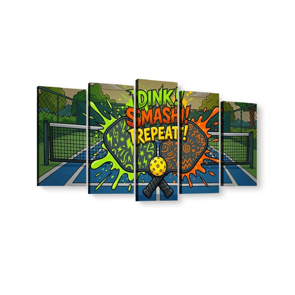 A 5-panel canvas wall art print depicting a cartoon ping-pong scene with the text 'DINK SMASH REPEAT!' in colorful lettering, shown against a plain white background.