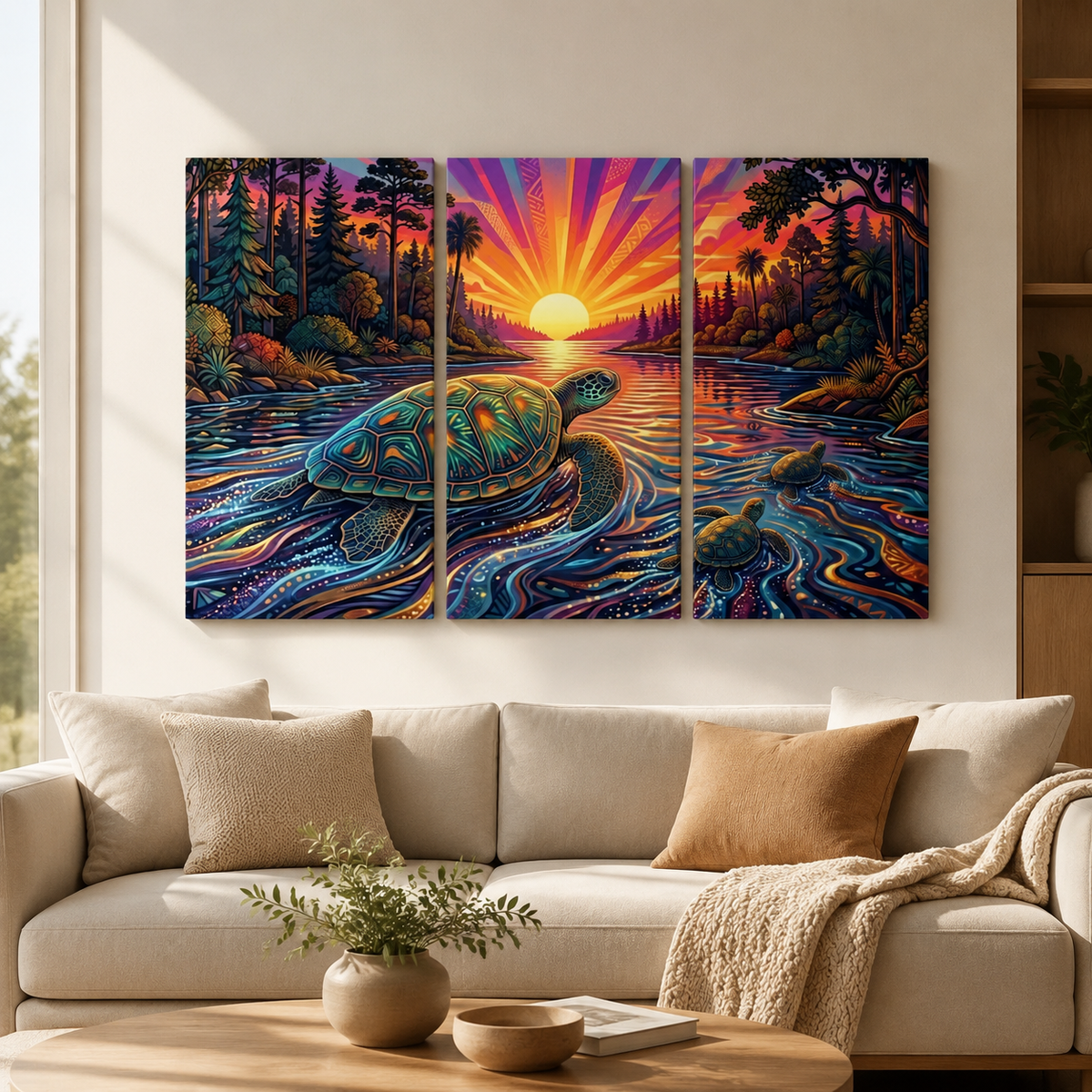 A three-panel canvas wall art set depicting a colorful sunset over a river with a turtle, displayed above a beige sofa in a modern living room setting.