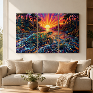 A three-panel canvas wall art set depicting a colorful sunset over a river with a turtle, displayed above a beige sofa in a modern living room setting.