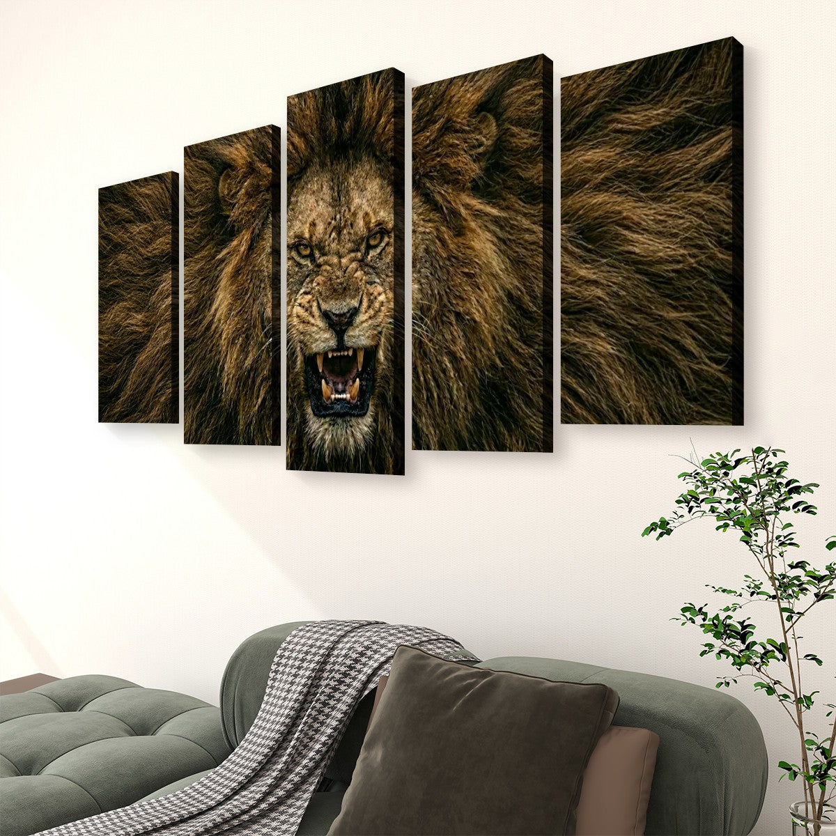 A five-panel canvas wall art set depicting a roaring lion's face and mane, displayed above a gray sofa in a living room setting.