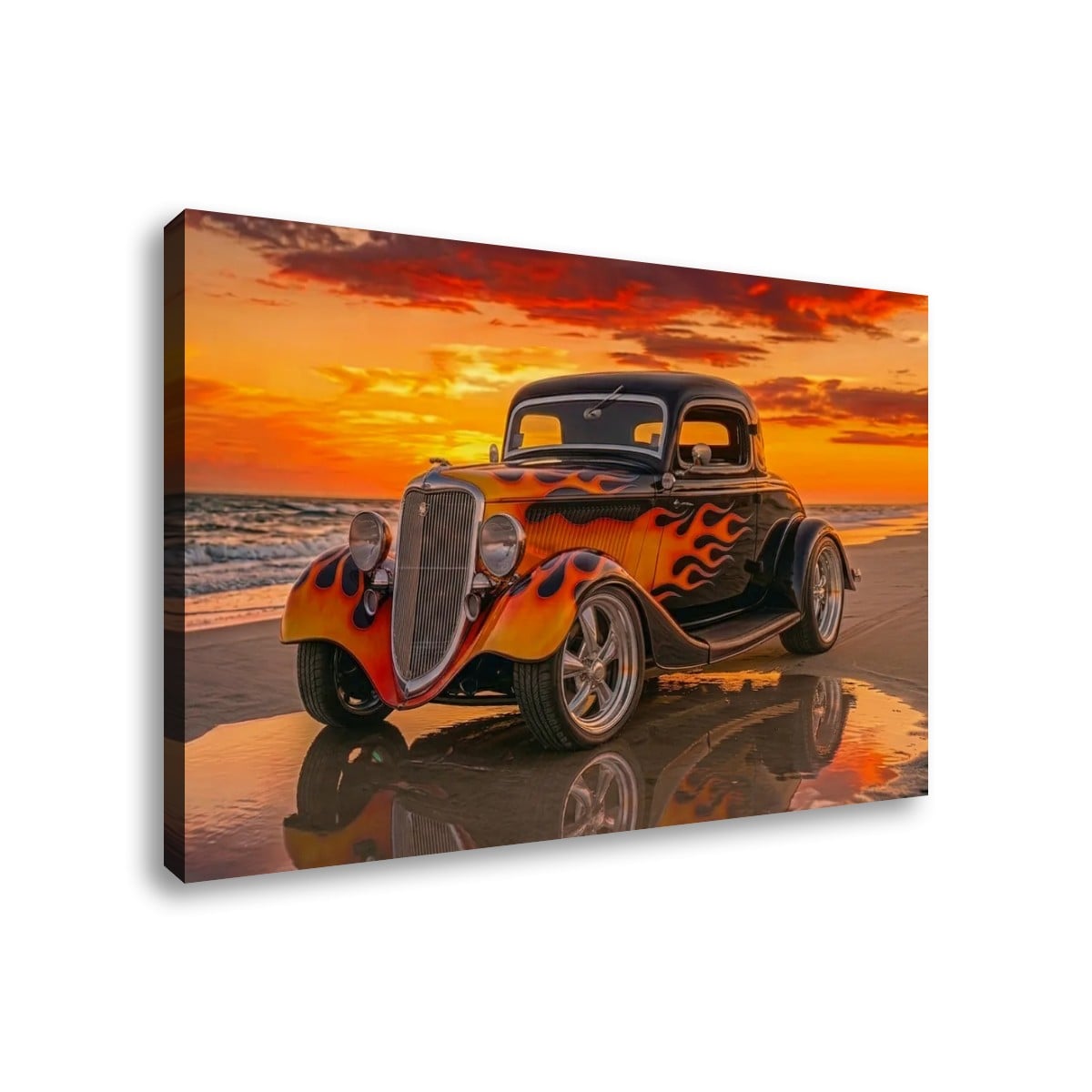Black Ford Coupe with Flames Sunset Beach Canvas Wall Art