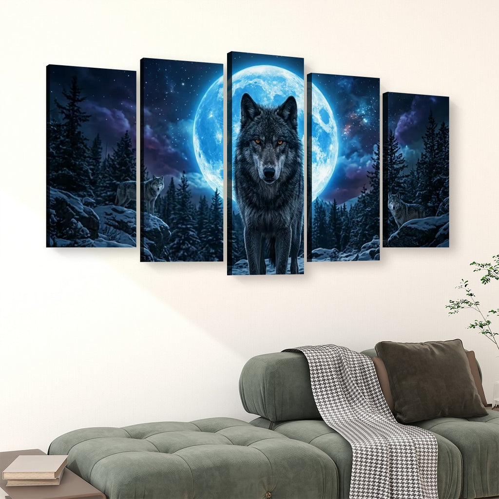 Howling Wolves with Blue Moon — 5-Panel Canvas Wall Art