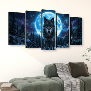 Howling Wolves with Blue Moon — 5-Panel Canvas Wall Art