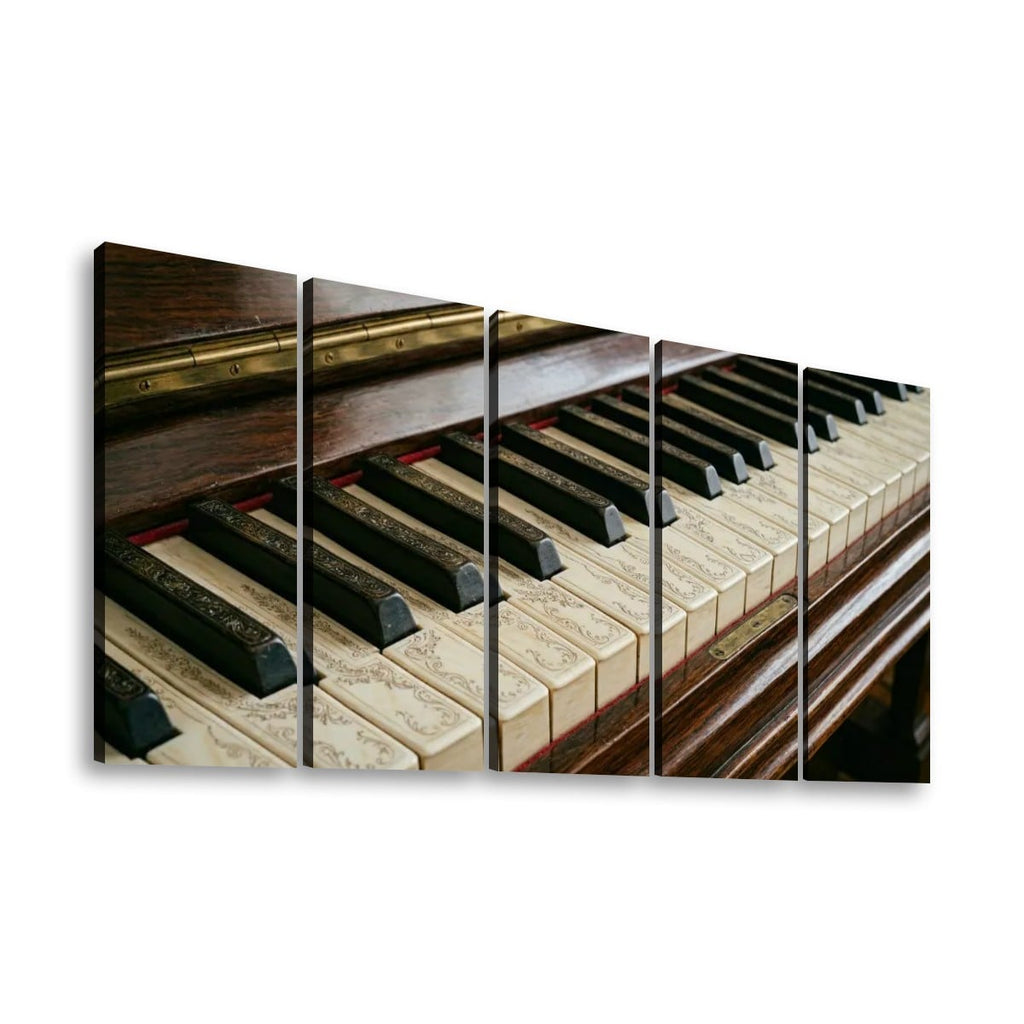 A multi-panel canvas wall art print depicting a close-up of piano keys and a dark wooden piano body, shown against a plain white background.