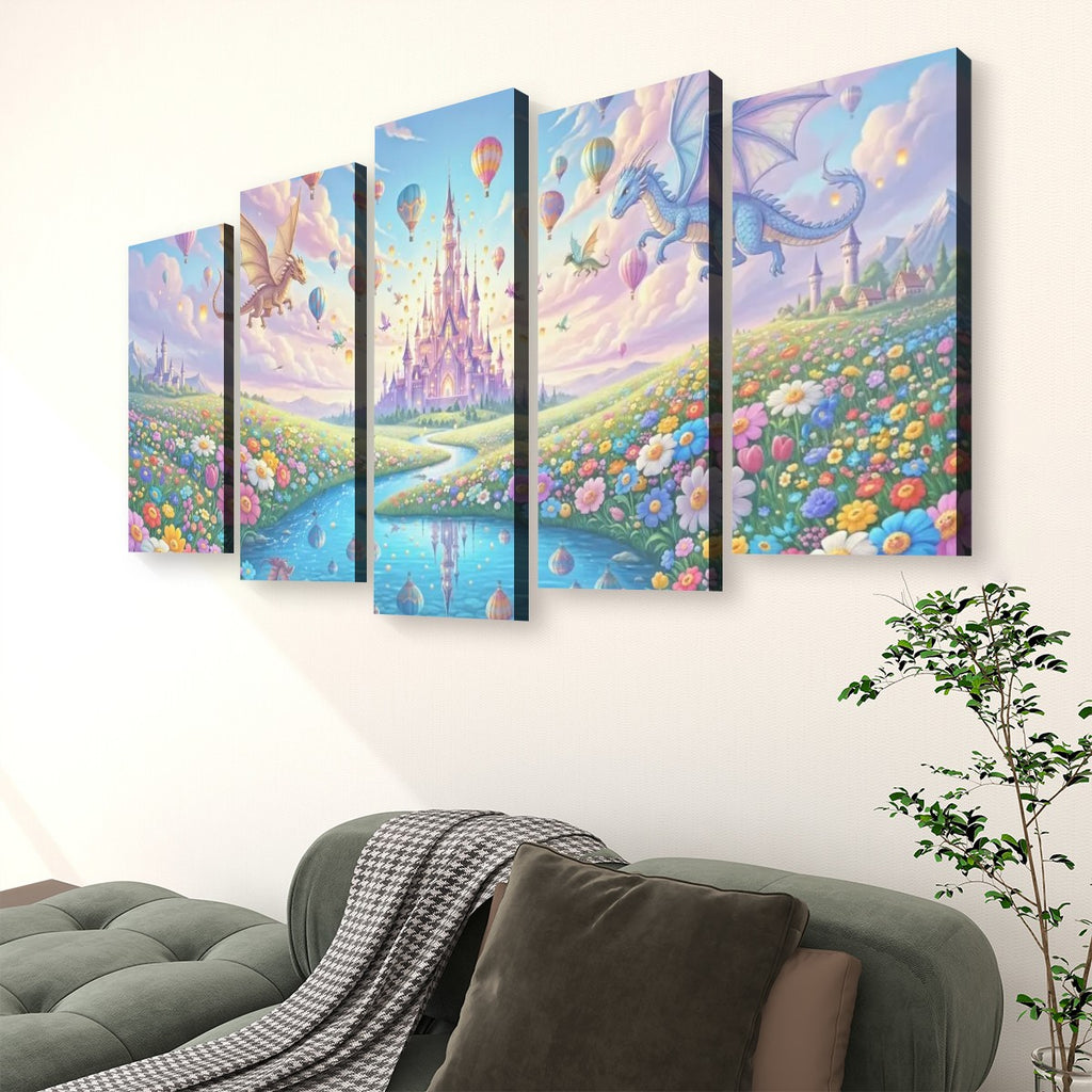 A 5-panel canvas wall art set depicting a whimsical fantasy landscape with a castle, dragons, hot air balloons, and a river, displayed on a wall above a green sofa in a living room setting.