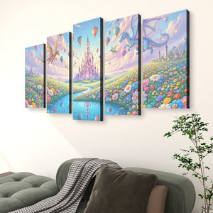 A 5-panel canvas wall art set depicting a whimsical fantasy landscape with a castle, dragons, hot air balloons, and a river, displayed on a wall above a green sofa in a living room setting.