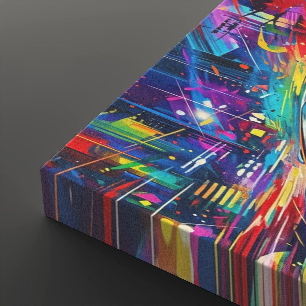 A rectangular canvas print featuring a vibrant, multicolored abstract graffiti-style design with paint splatters, stripes, and geometric patterns, shown at an angle on a dark gray background.