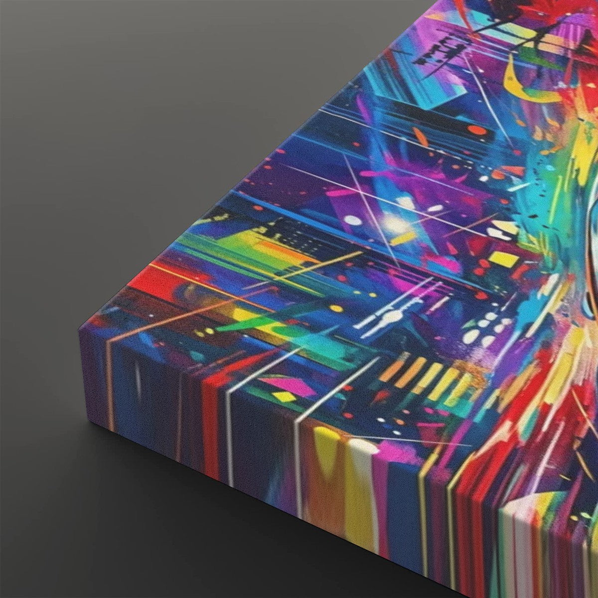 A rectangular canvas print featuring a vibrant, multicolored abstract graffiti-style design with paint splatters, stripes, and geometric patterns, shown at an angle on a dark gray background.