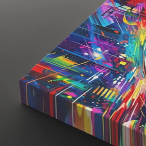 A rectangular canvas print featuring a vibrant, multicolored abstract graffiti-style design with paint splatters, stripes, and geometric patterns, shown at an angle on a dark gray background.