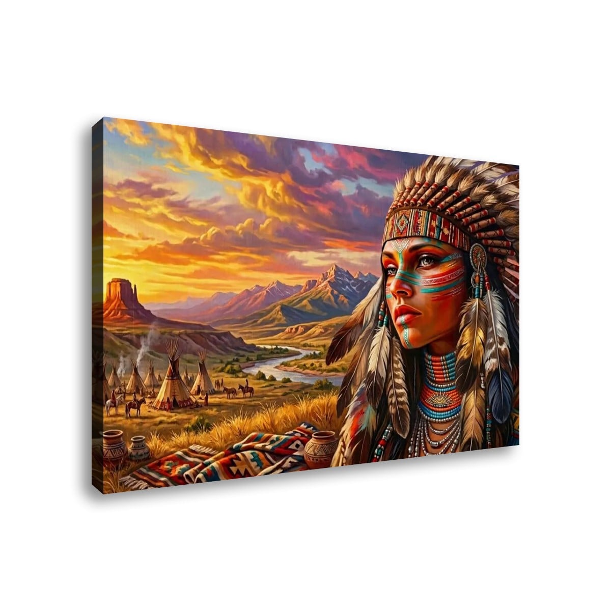 A rectangular canvas wall art print showing a colorful painted scene with a Native American woman in profile wearing a feathered headdress, mountains, tipis, and dramatic sunset clouds. The canvas is photographed at an angle against a plain white background.
