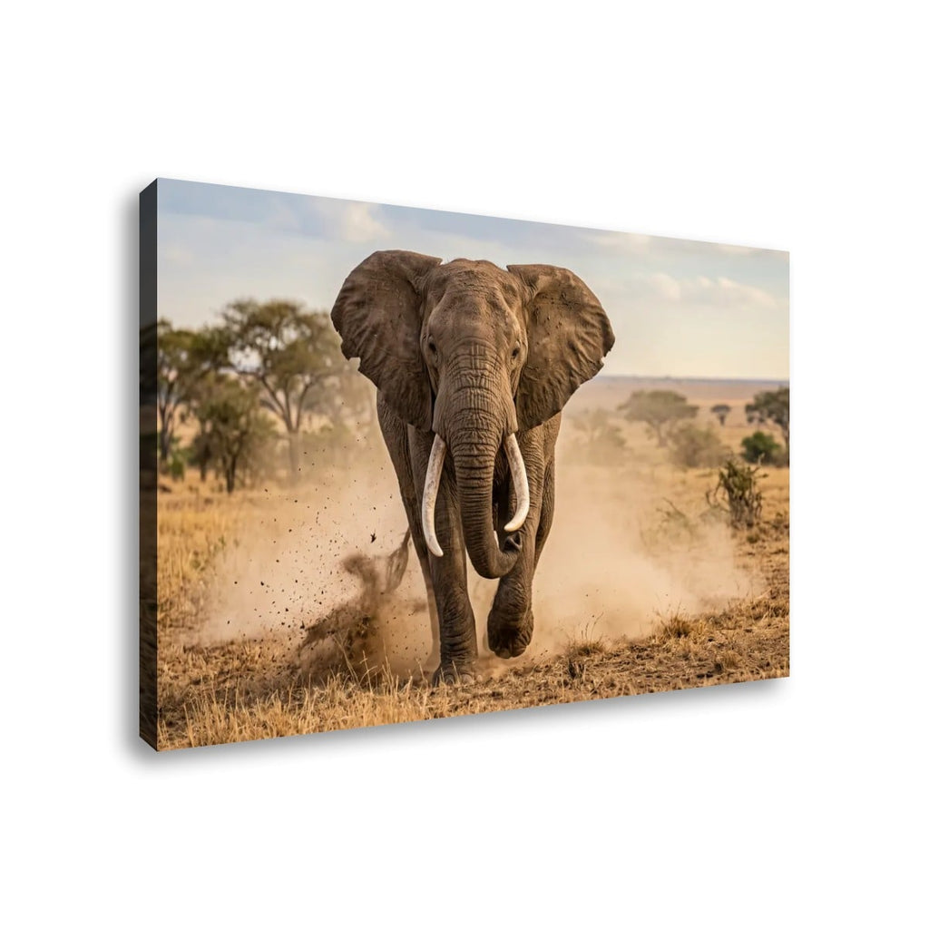Majestic Elephant Charging Through Savanna 1, 3, 5-Panel Split Canvas Wall Art