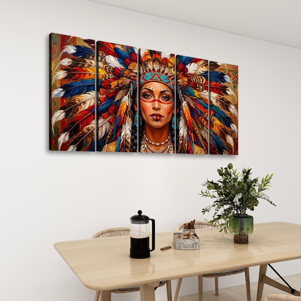 Native American Indian Woman 5-Panel Level Split Canvas Wall Art | Multi-Panel Print
