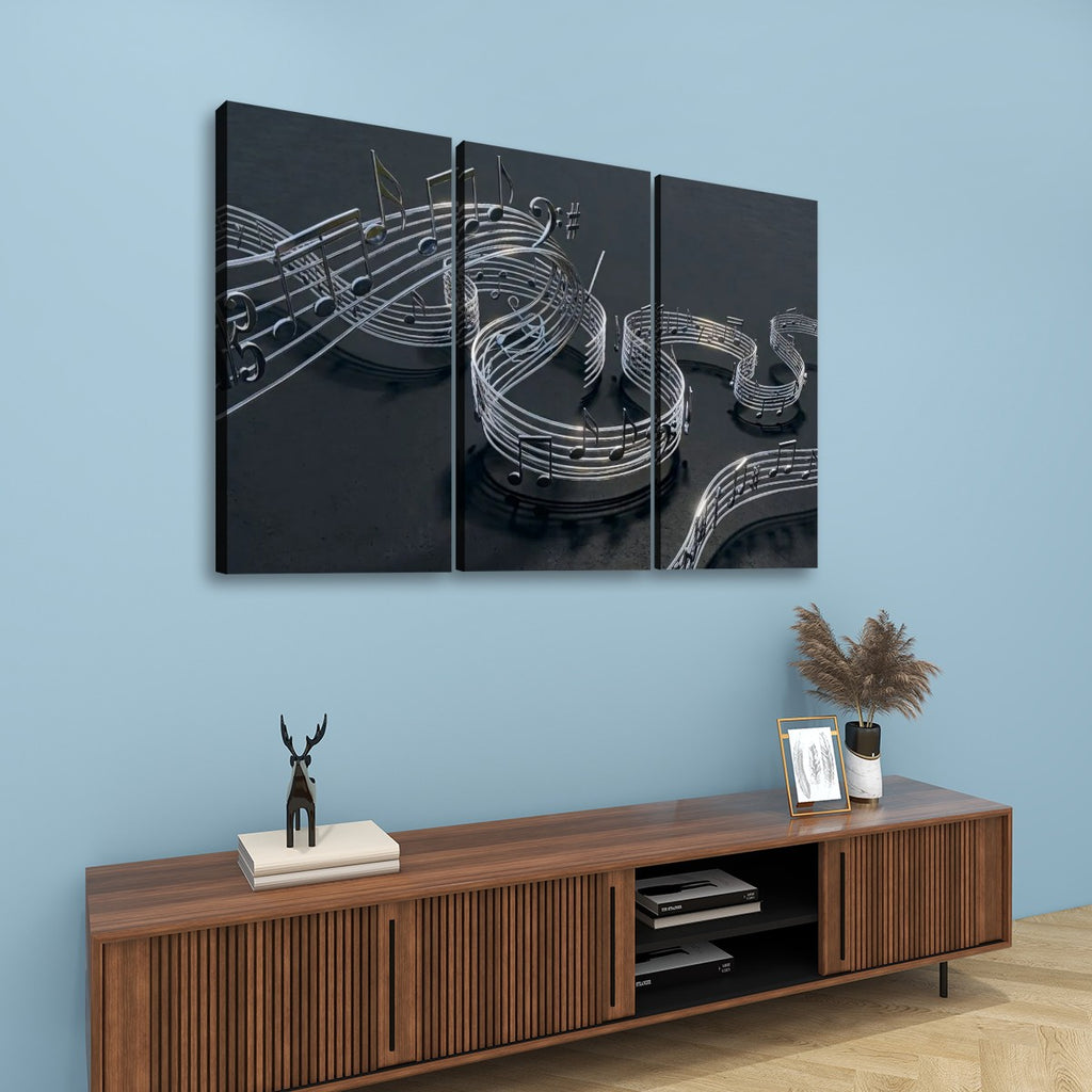 Chrome Musical Notes & Ribbon Split Canvas Panel Wall Art Decor