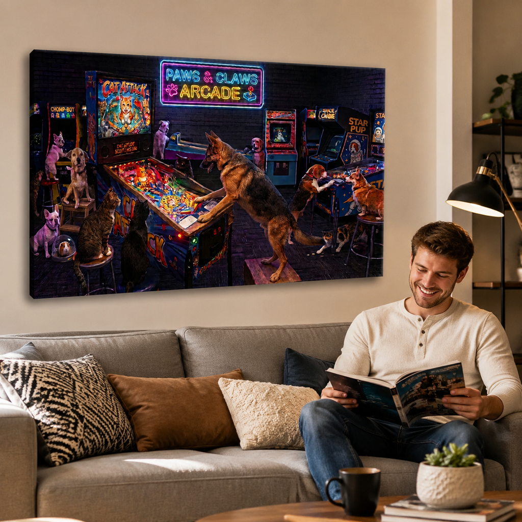 A man sits on a gray sofa in a living room, reading a book. On the wall above the couch is a large rectangular canvas print showing a colorful arcade scene with cats playing arcade machines.