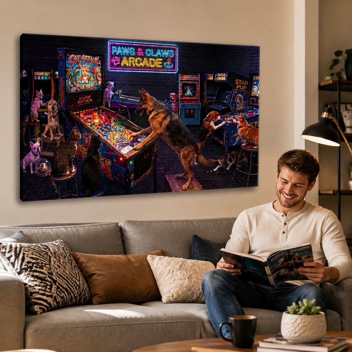 A man sits on a gray sofa in a living room, reading a book. On the wall above the couch is a large rectangular canvas print showing a colorful arcade scene with cats playing arcade machines.