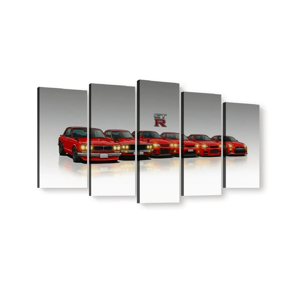 A five-panel canvas wall art set showing a row of red sports cars on a reflective gray-to-white studio background, with a small 'Cupra R' logo visible near the center panel.
