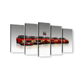 A five-panel canvas wall art set showing a row of red sports cars on a reflective gray-to-white studio background, with a small 'Cupra R' logo visible near the center panel.