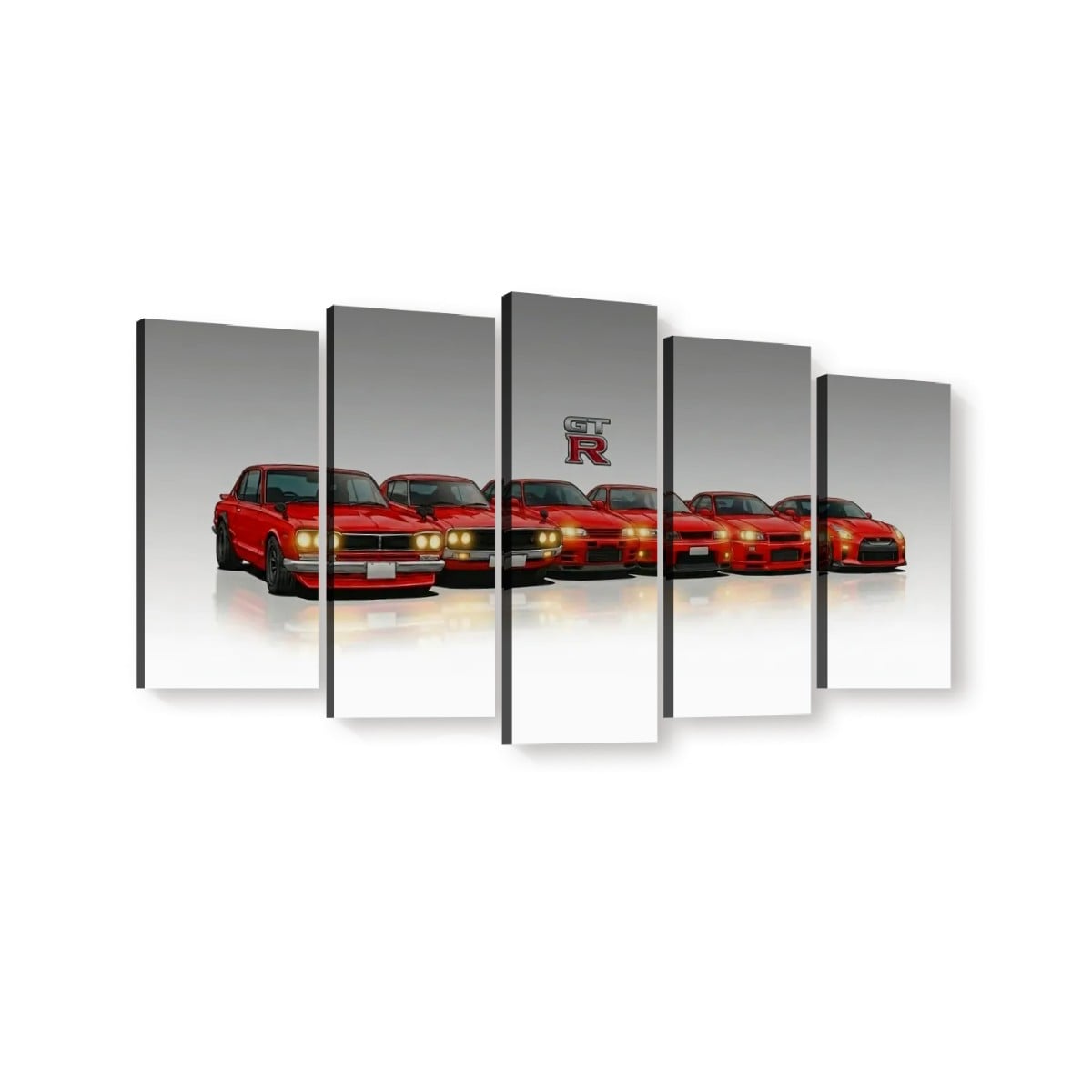 A five-panel canvas wall art set showing a row of red sports cars on a reflective gray-to-white studio background, with a small 'Cupra R' logo visible near the center panel.