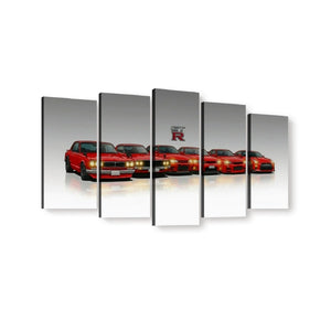 A five-panel canvas wall art set showing a row of red sports cars on a reflective gray-to-white studio background, with a small 'Cupra R' logo visible near the center panel.