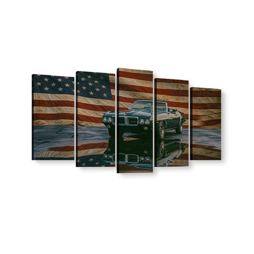 1969 Firebird Convertible Black & US Flag — 5-Panel Level Canvas Wall Art