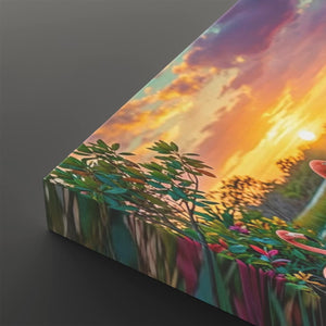 A rectangular canvas print showing a colorful sunset landscape with glowing orange and yellow sky, purple clouds, green foliage, and pink flowers, photographed at an angle on a dark gray background.