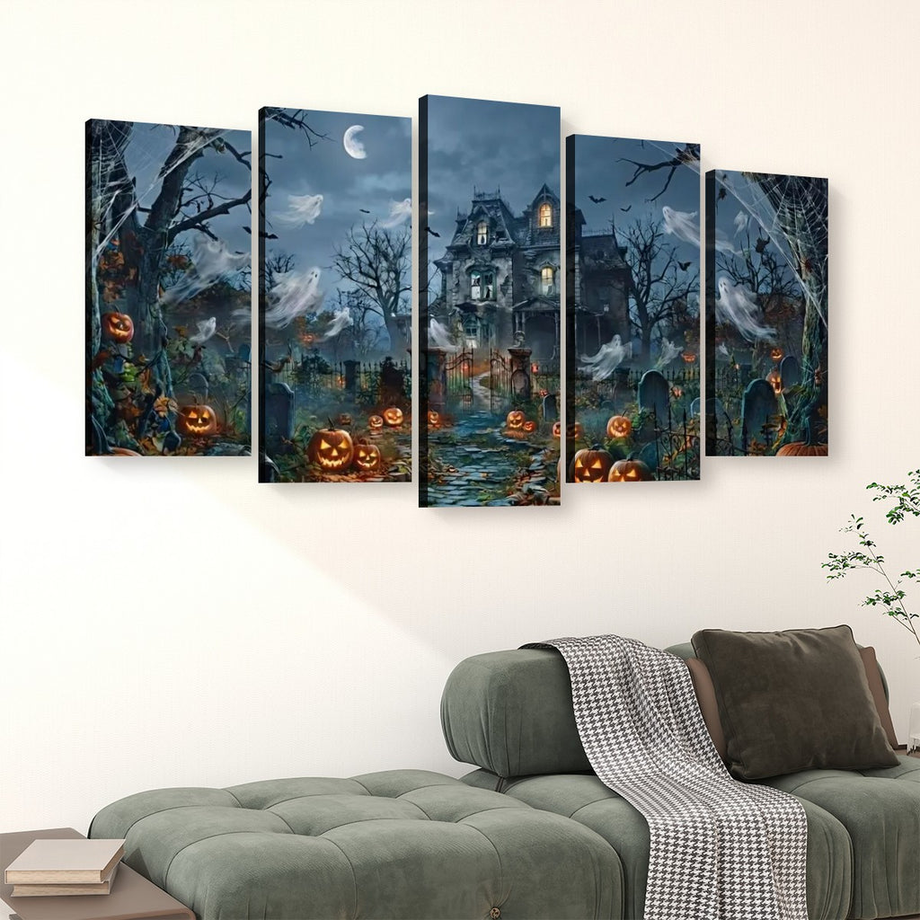 Halloween Haunted House Pumpkins & Moon — 5-Panel Level Canvas Wall Art