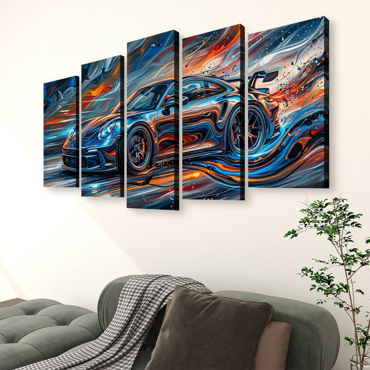 A five-panel canvas wall art set depicting a blue sports car with swirling orange, red, and white abstract paint effects, displayed above a green sofa in a living room setting.